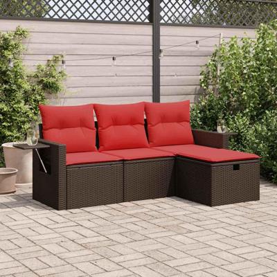 4-delige Loungeset met kussens poly rattan bruin