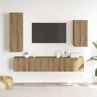 4-delig Tv-meubelset wandmontage bewerkt hout artisanaal eiken