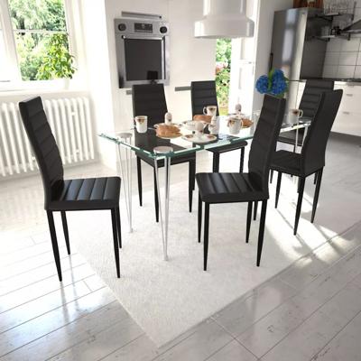 vidaXL Eetkamerset 6 zwarte slim line stoelen en 1 glazen tafel