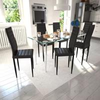 vidaXL Eetkamerset 6 zwarte slim line stoelen en 1 glazen tafel - thumbnail