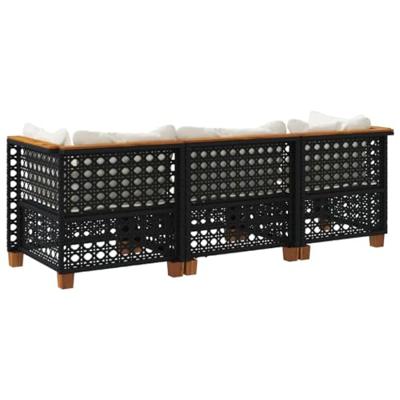 Tuinbank 3-zits met kussens poly rattan zwart