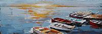 Schilderij - Handgeschilderd - Roeiboten en zonsondergang, 150x60cm - thumbnail