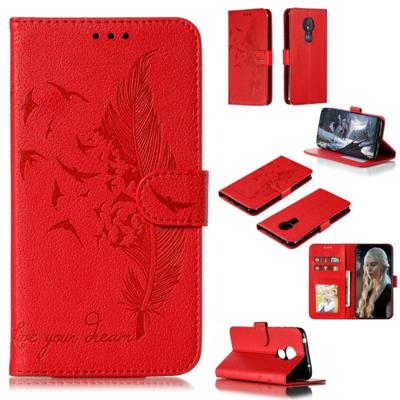 Feather patroon Litchi textuur horizontale Flip lederen draagtas met portemonnee & houder & kaartsleuven voor Motorola Moto G7 Power (rood)