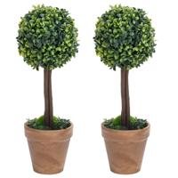 Kunstplanten met pot 2 st buxus bolvorming 56 cm groen - thumbnail