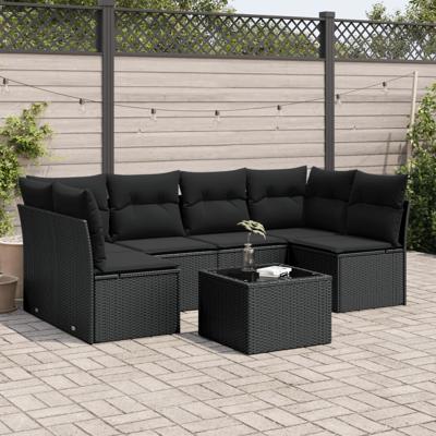 6-delige Loungeset met kussens poly rattan zwart