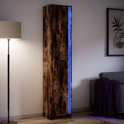 Hoge kast met LED 41,5x32,5x200 cm bewerkt hout gerookt eiken