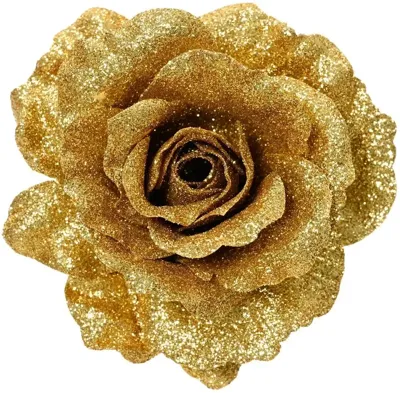 Roos op clip 12 cm goud glitter
