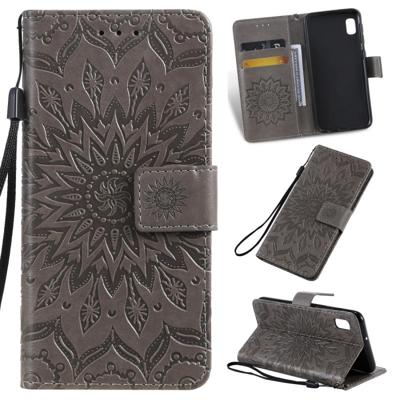 Gedrukt afdrukken zonnebloem patroon horizontale Flip PU lederen case voor Galaxy A10e met houder & kaartsleuven & portemonnee & Lanyard (grijs)