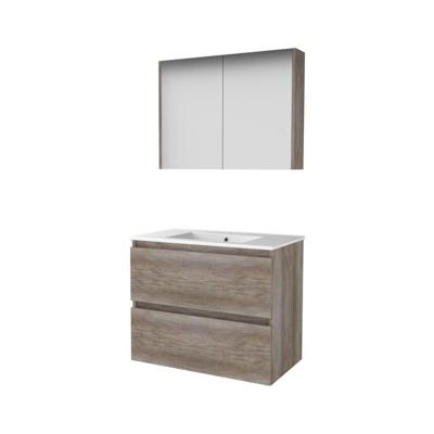 Basic-Line Comfort 46 Badkamermeubelset - 80 x 46 cm - Greeploos - 2 Lades - Keramische Wastafel - 1 Kraangat - Spiegelkast - Scotch Oak