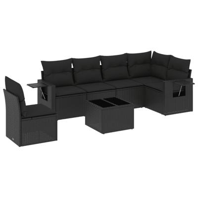 7-delige Loungeset met kussens poly rattan zwart - thumbnail