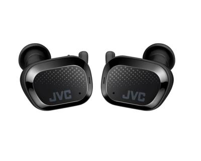 JVC HA-AE5T Draadloze bluetooth-hoofdtelefoon, touch-bediening, slank Aero-design, vermindert windgeluiden, looptijd 27 uur, waterdicht, zweet- en stofdicht, IP55, zwart, klein