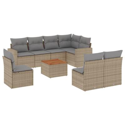 9-delige Loungeset met kussens poly rattan beige