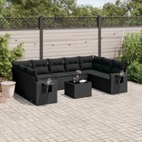 10-delige Loungeset met kussens poly rattan zwart - thumbnail