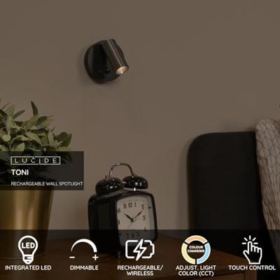 Lucide TONI - Oplaadbare Wandspot / Wandlamp - Accu/Batterij - Ø 8,1 cm - LED Dimb. - CCT - 1x2W 2700K/4000K - Bewegingssensor (uitschakelbaar) - Magnetisch - Grijs ijzer