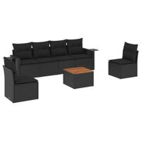 7-delige Loungeset met kussens poly rattan zwart - thumbnail