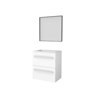 Basic-Line Framed 39 Badkamermeubelset - Ondiep - 60 x 39 cm - Met Grepen - 2 Lades - Acryl Wastafel - 1 Kraangat - Spiegel met Zwart Aluminium Frame - Ice White