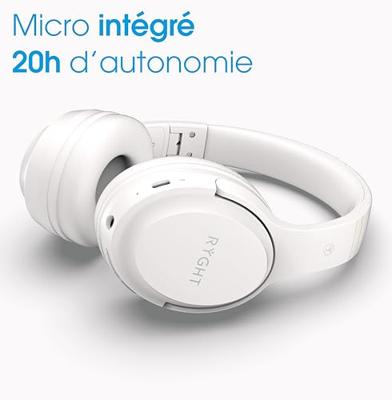 RYGHT Tempo Draadloze hoofdtelefoon, helder stereogeluid, 20 uur looptijd, opvouwbaar, licht, muziekbediening, volume, oproepen beantwoorden, spraakassistent, gevoerde oordopjes, wit