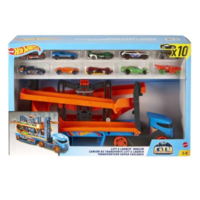 Hot Wheels Lift & Lanceer Trailer + 10 auto's
