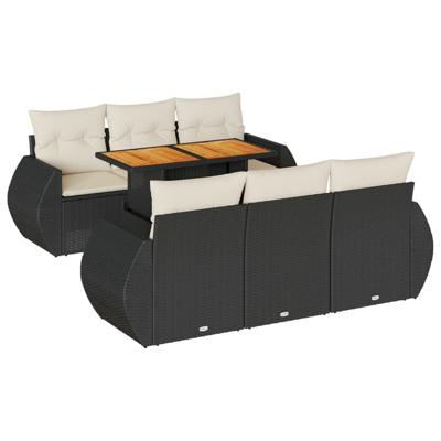 7-delige Loungeset met kussens poly rattan zwart