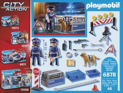 PLAYMOBIL 6878 Politieblokkade, Stadsactie, Bevat een politieblokkade met politiehond en diverse accessoires, voor kinderen vanaf 4 jaar.