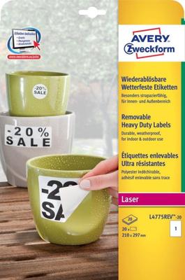 Etiket avery l4775rev-20 210x297mm wit 20st