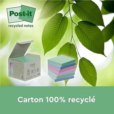 Post-it Super Sticky Notes Recycled, 70 vel, ft 76 x 76 mm, assorti, pak van 3 blokken