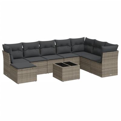 8-delige Loungeset met kussens poly rattan grijs