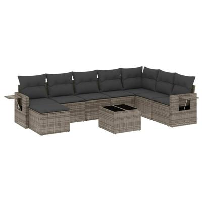 9-delige Loungeset met kussens poly rattan grijs