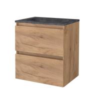 Badmeubelset BWS Salt 60x46cm Greeploos 2 Lades Met Wastafel Hardsteen 1 Kraangat Whisky Oak - thumbnail