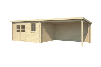 Outdoor Life Aida Blokhut 400x295 cm + overkapping 390 cm vuren blank- Lessenaarsdak- Onbehandeld vurenhout- Outdoor Life