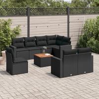 9-delige Loungeset met kussens poly rattan zwart - thumbnail