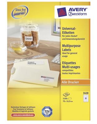 Avery-Zweckform 3420 Universele etiketten 70 x 16.9 mm Papier Wit 5100 stuk(s) Permanent hechtend Inkjet, Laser (zwart/wit), Laser (kleur), Kopiëren