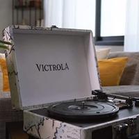 Victrola (DE) DRAAITAFEL VINTAGE KOFFER DRAAGBAAR MET BEDRUKTE KAART - thumbnail