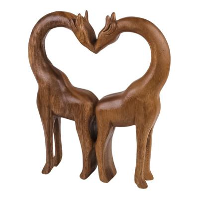 Houten Beeld van Twee Giraffen in Hartvorm, Bruin, Sawahasa