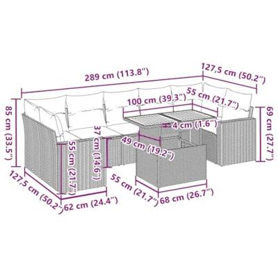 8-delige Loungeset met kussens poly rattan grijs