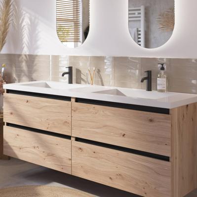 Saqu Gaia badmeubel incl. dubbele glans witte wastafel 160x52x64cm naturel eiken - zwarte greeplijst