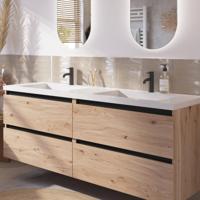 Saqu Gaia badmeubel incl. dubbele glans witte wastafel 160x52x64cm naturel eiken - zwarte greeplijst - thumbnail