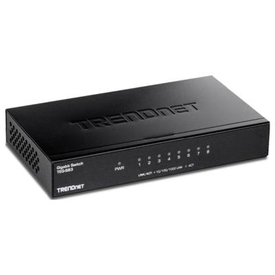 TRENDnet 8-poorts gigabit desktopschakelaar, TEG-S83, 8 x Gigabit RJ-45-poorten, 16 Gbps schakelcapaciteit, ventilatorloos ontwerp, metalen behuizing, levenslange bescherming, zwart