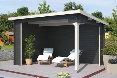 Outdoor Life Lara Blokhut 400x295 cm 28 mm vuren Carbon Grey-Wit gecoat- Lessenaarsdak- - Outdoor Life