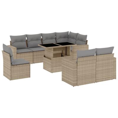 9-delige Loungeset met kussens poly rattan beige