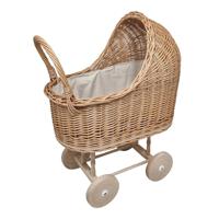 Rieten poppenwagen Netty - Crème bekleding incl. matrasje en kussen - thumbnail