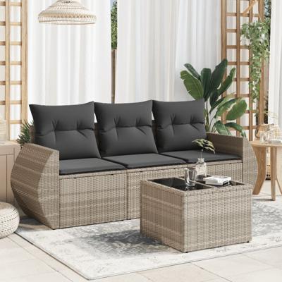 4-delige Loungeset met kussens poly rattan lichtgrijs - thumbnail
