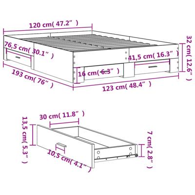 Bedframe met lades bewerkt hout betongrijs 120x190 cm