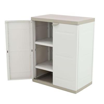 TITANIUM PLASTIKEN Lage kast met 2 deuren en planken l70 x B44 x H88 cm Beige en Taupe TITANIUM assortiment binnen / buiten TITANIUM PLASTIKEN Lage kast met 2 deuren en planken l70 x B44 x H88 cm Beige en Taupe TITANIUM assortiment binnen / buiten