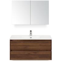 Dante Badmeubelset 100 cm - Walnoot - Keramische Wastafel Wit Cover met Spiegelkast - thumbnail