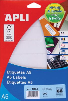Apli witte etiketten Print & Write ft 12 x 30 mm (b x h), 990 stuks, 66 per blad (1861) Apli witte etiketten Print & Write ft 12 x 30 mm (b x h), 990 stuks, 66 per blad (1861)