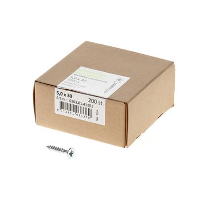 Spaanplaatschroef verzinkt platkop pozidrive-2 5.0X30 voldraad (200) Spaanplaatschroef verzinkt platkop pozidrive-2 5.0X30 voldraad (200)