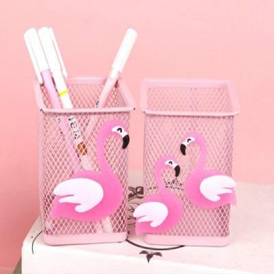 Cartoon roze metalen holle pennenbak vierkant briefpapier opbergdoos beheren zaak potlood pennenhouder stand (dubbele Flamingo)