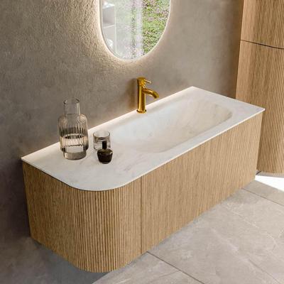 Mondiaz KURVE-DLUX 115 cm Onderkast Greeploos 1 Lade Met Deuren Oak, Wastafel Solid Surface Rechts Opalo 1 Kraangat Zonder Spiegel (KRVBGS115L1L1D1KR-Oak/Opa)