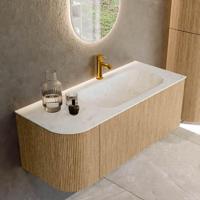 Mondiaz KURVE-DLUX 115 cm Onderkast Greeploos 1 Lade Met Deuren Oak, Wastafel Solid Surface Rechts Opalo 1 Kraangat Zonder Spiegel (KRVBGS115L1L1D1KR-Oak/Opa) - thumbnail